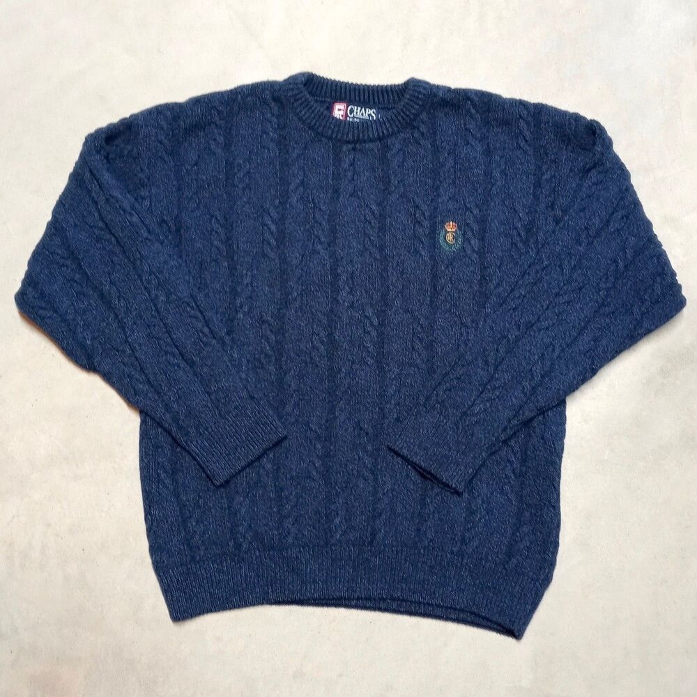 Vintage Chaps Ralph Lauren Sweater LARGE Crest Chunky Cable Knit Made in USA